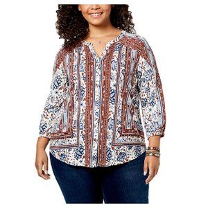 Style & Co Plus Size Mixed-Print Peasant Top in Ivory Batik Print, Size 0X